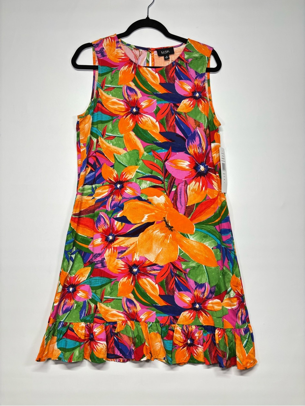 ✨MSK Women’s Sleeveless Tropical Ruffle Hem Shift Dress Size M - Picture 3 of 14